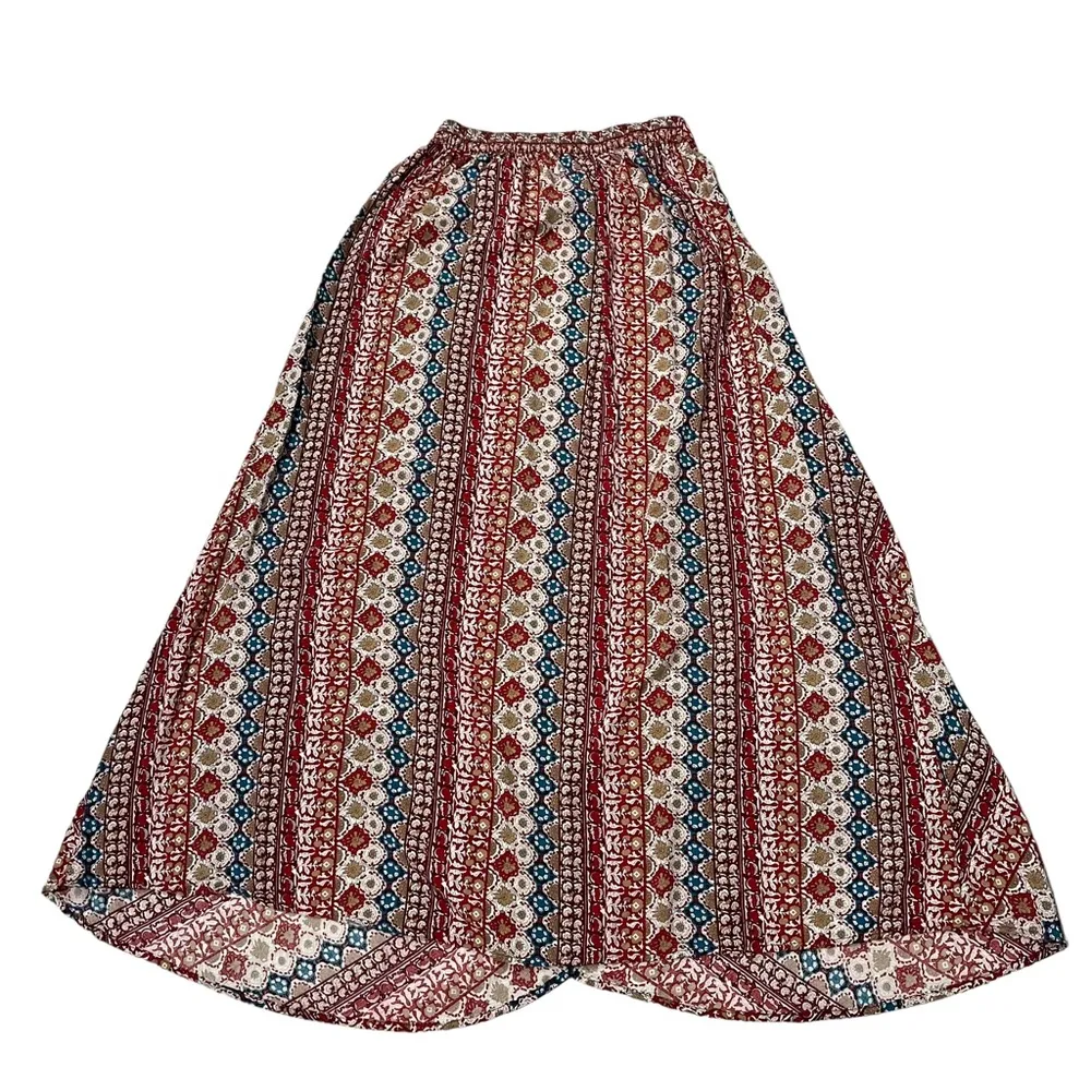 Earthbound Trading faux wrap geometric red, tan, blue boho maxi skirt, Sz M - Image 8