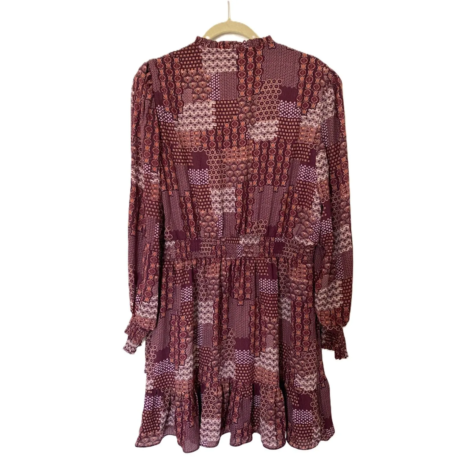 BCBG Paris Womens Tiered Mini Dress Balloon Sleeves Smocked Waist Chic Sz L Purple Size L - Image 4