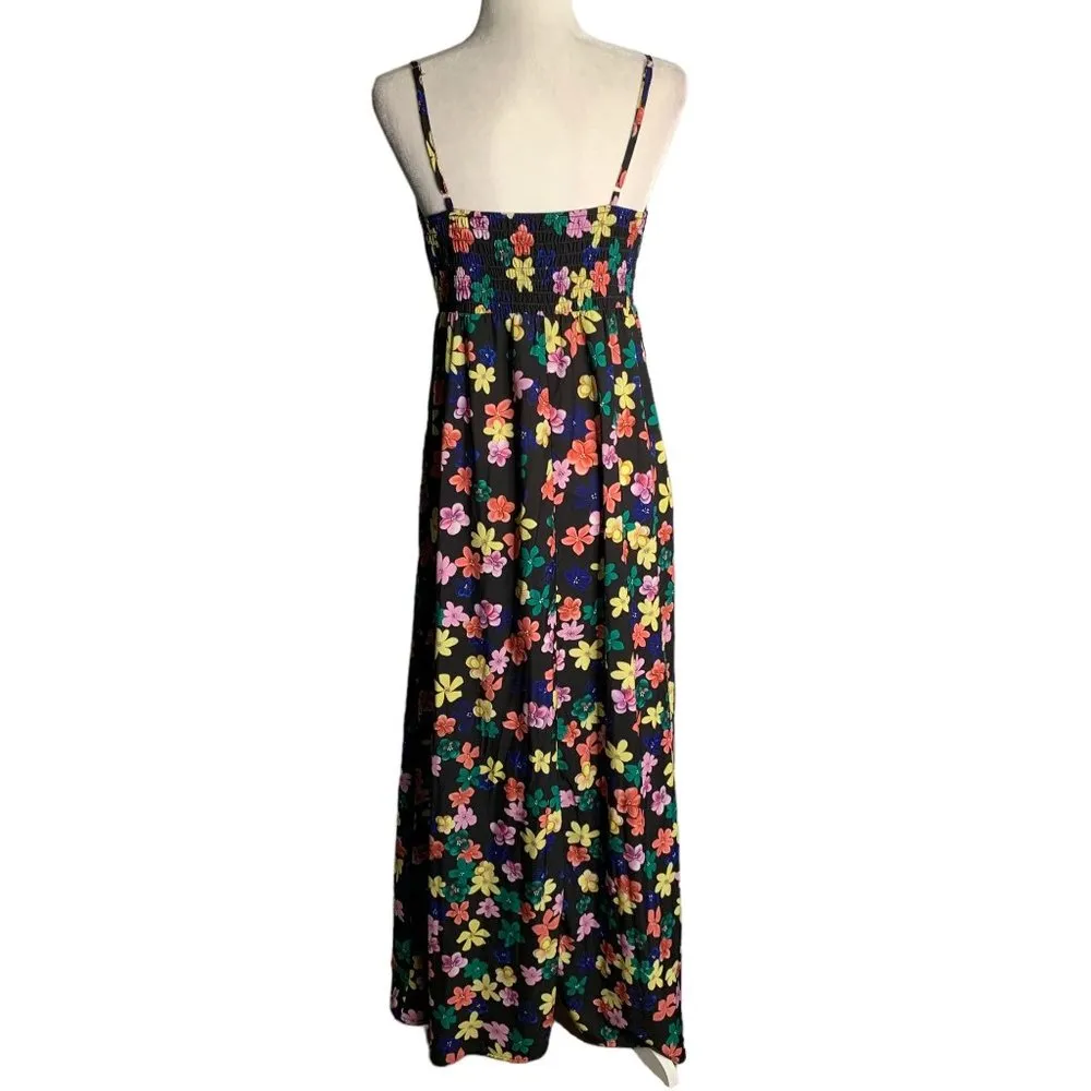 Sleeveless Sweetheart Maxi Sun Dress M Black Floral Adjustable Straps Shirring Size M - Image 4