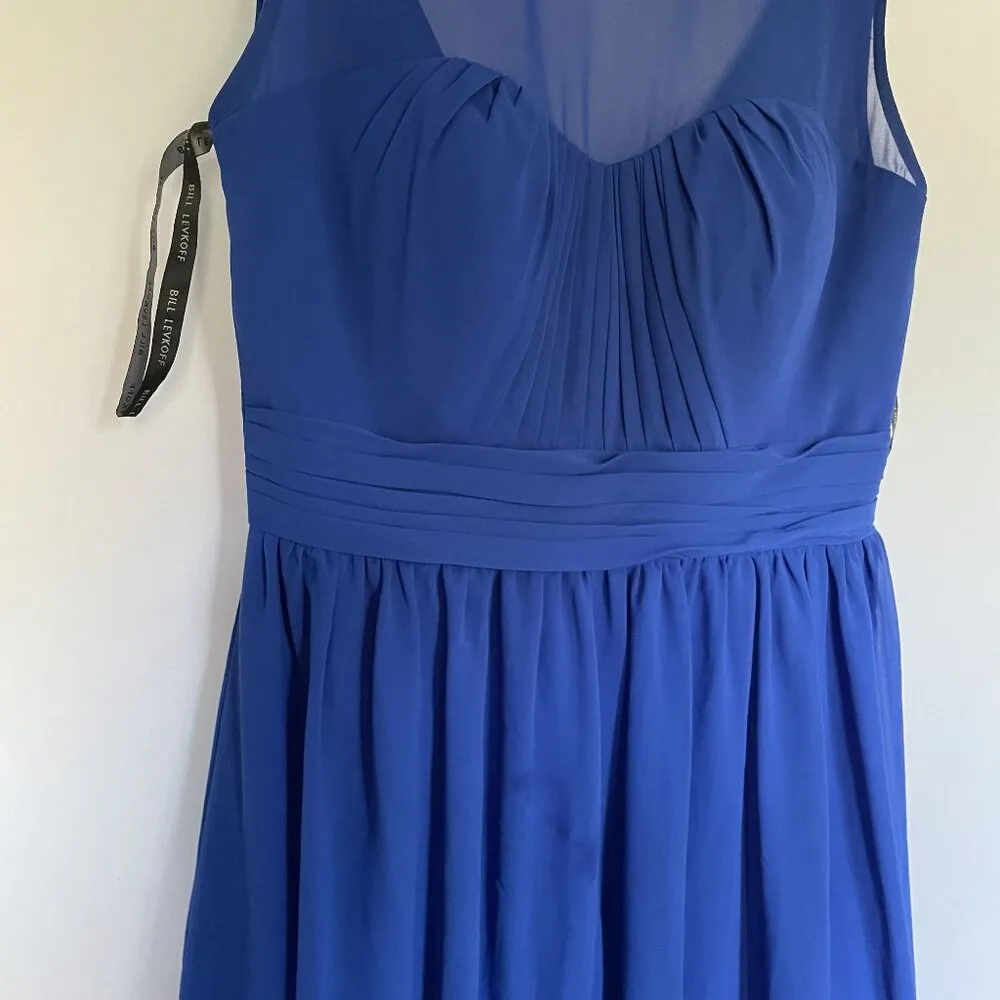 Bill Levkoff size 10 Elegant Blue Sleeveless Chiffon Dress With Ruched Bodice - Image 3
