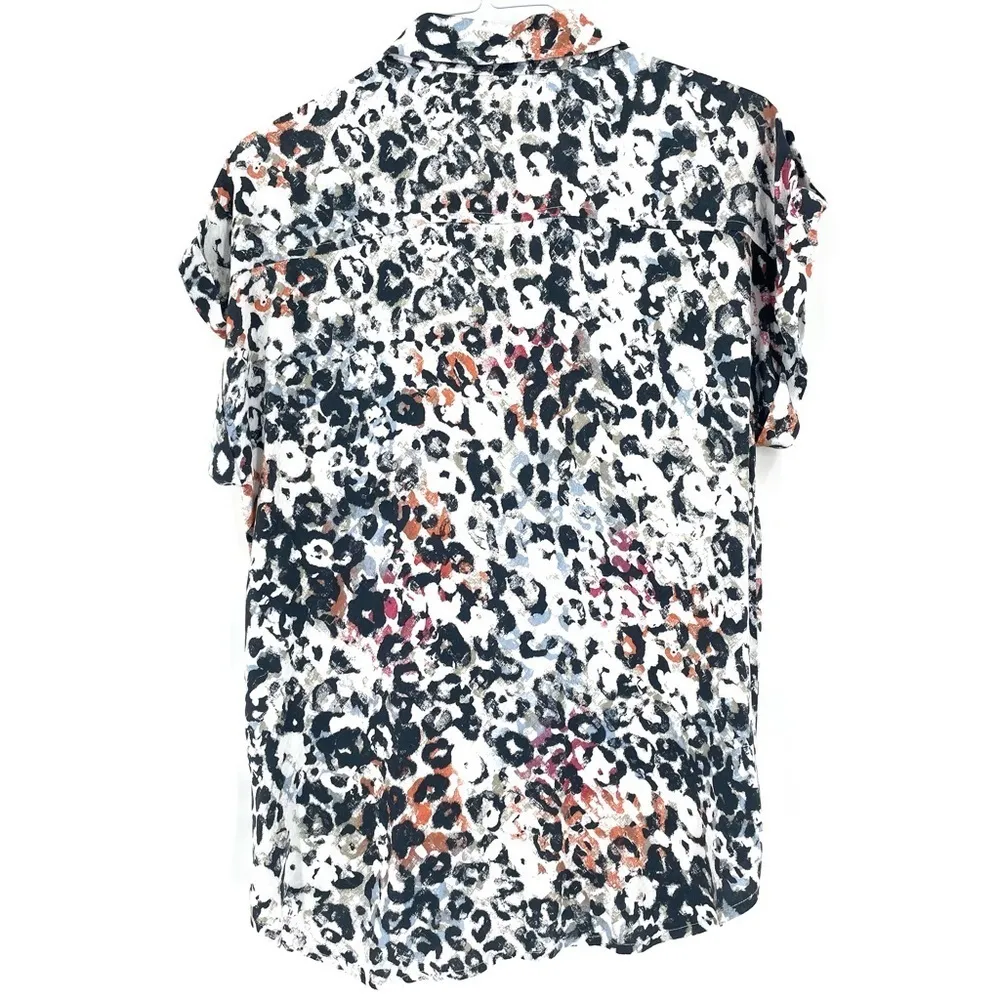 Love Stitch Multicolor Animal Print Rolled Short Sleeve Button Up Shirt Top - Image 4