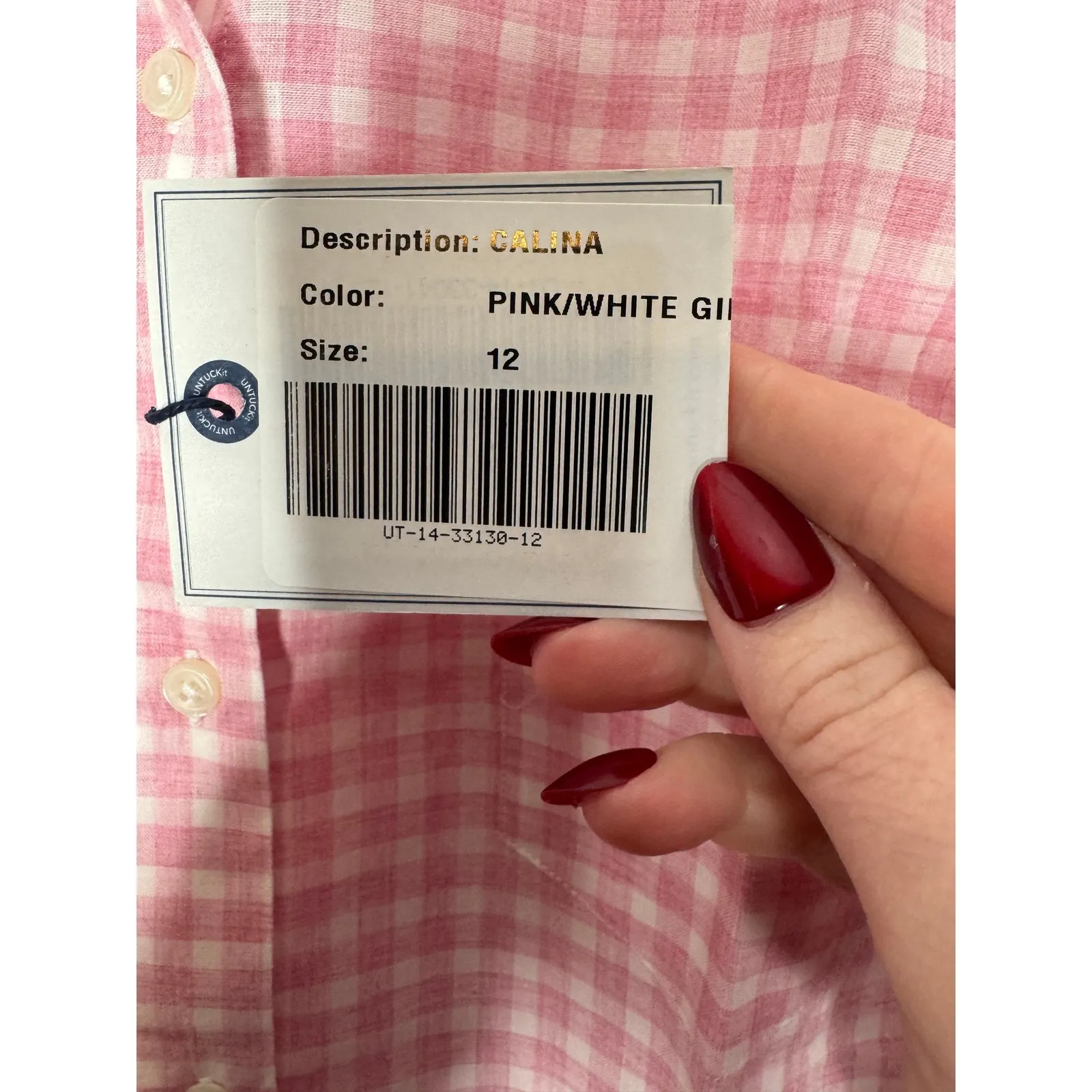 UNTUCKIT NWT Womans Calina Pink/White Gingham Cotton Button Down Size 12 Pink - Image 6