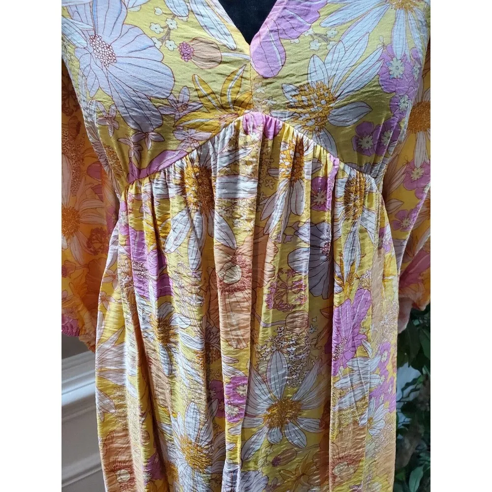H&M Women's Yellow Floral Viscose V-Neck Long Sleeve Knee Length Dress Size M - Image 3