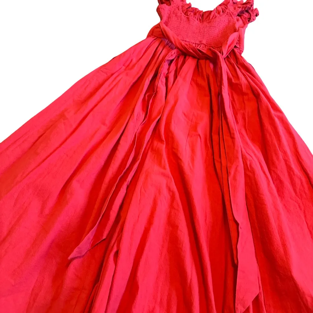 Free People 100% Cotton Red Midi Dress Ruffle Smocked Tie Back Size Small - Image 3