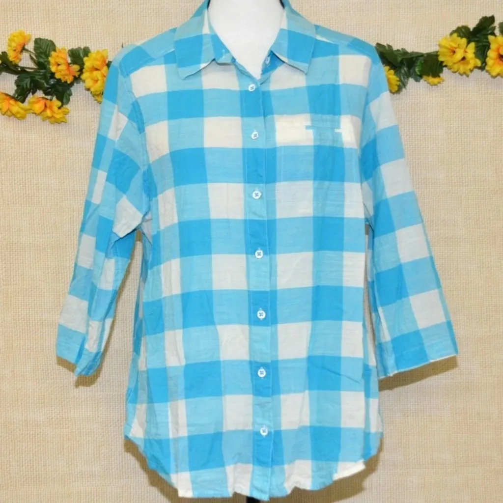 Foxcroft Women's Plus Size 14W Blue Plaid Button Front Blouse Top Cotton Pocket - Image 7