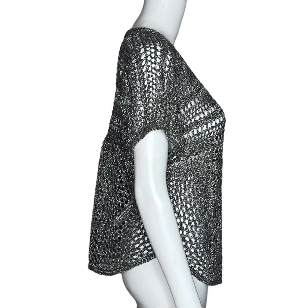 Mudd Open Knit‎ Sweater Gray Silver Threading Medallion Knit Short Sleeve - Image 2