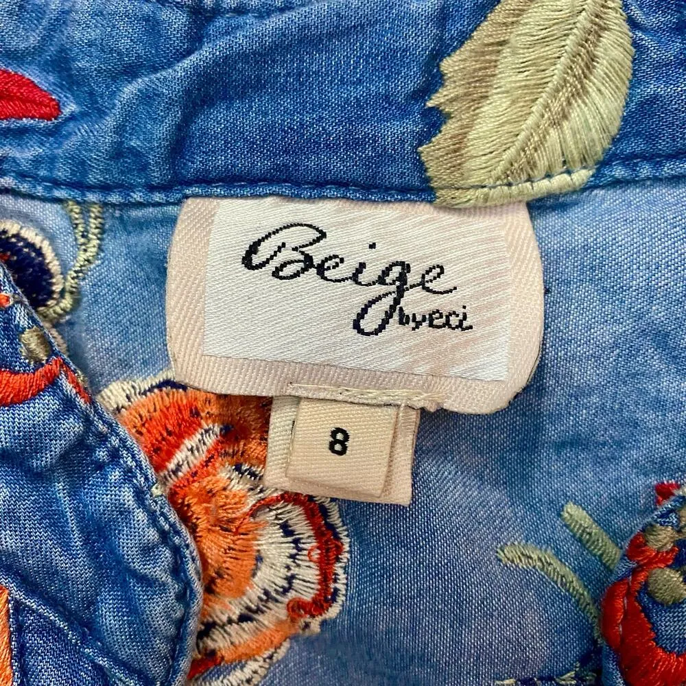 Beige by ECI Embroidered Blue Floral Sleeveless Dress Womens 8 - Image 9