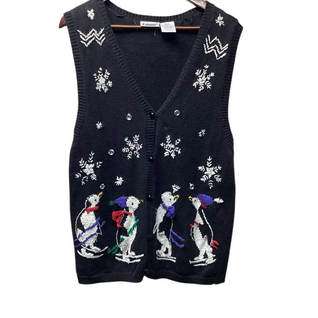 Capacity sweater vest. Winter Penguin scene. Size Medium Black - Image 2