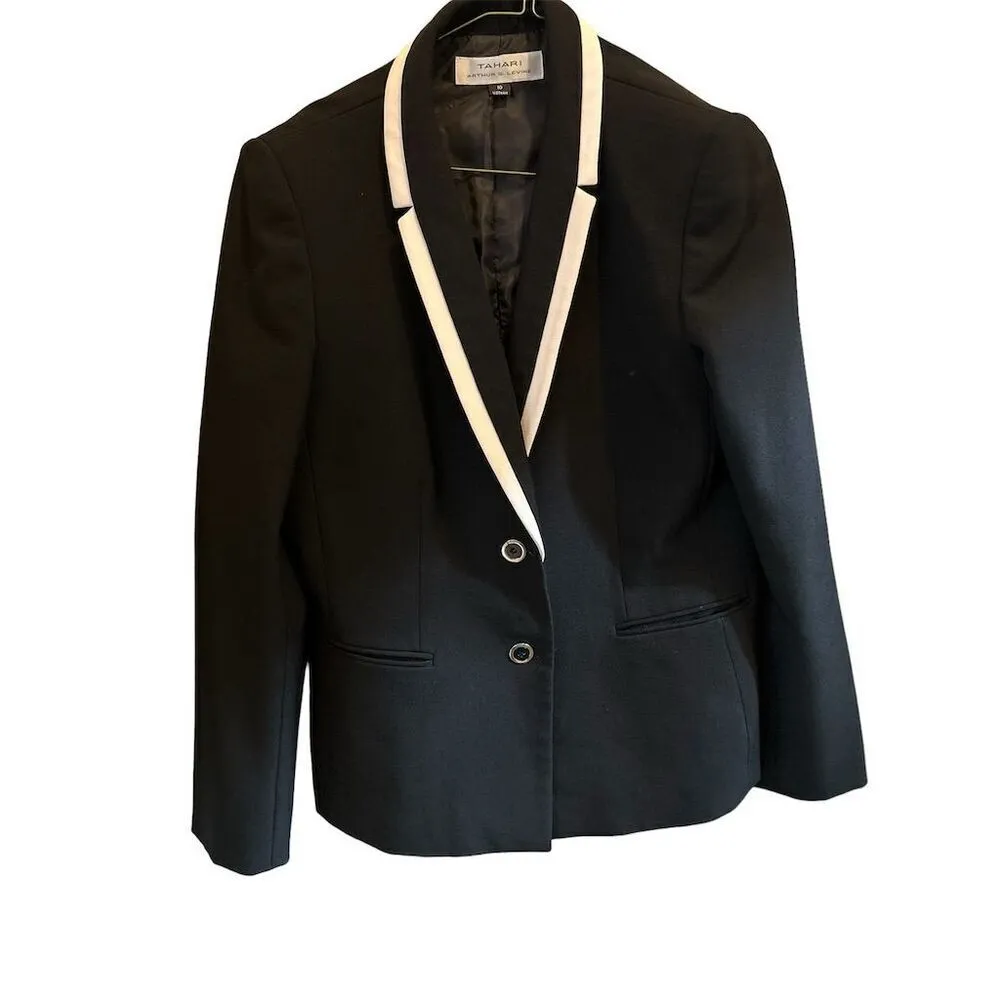 T Tahari Women's Black Blazer Shawl‎ Collar Contrast Trim Long Sleeve size 10 - Image 2