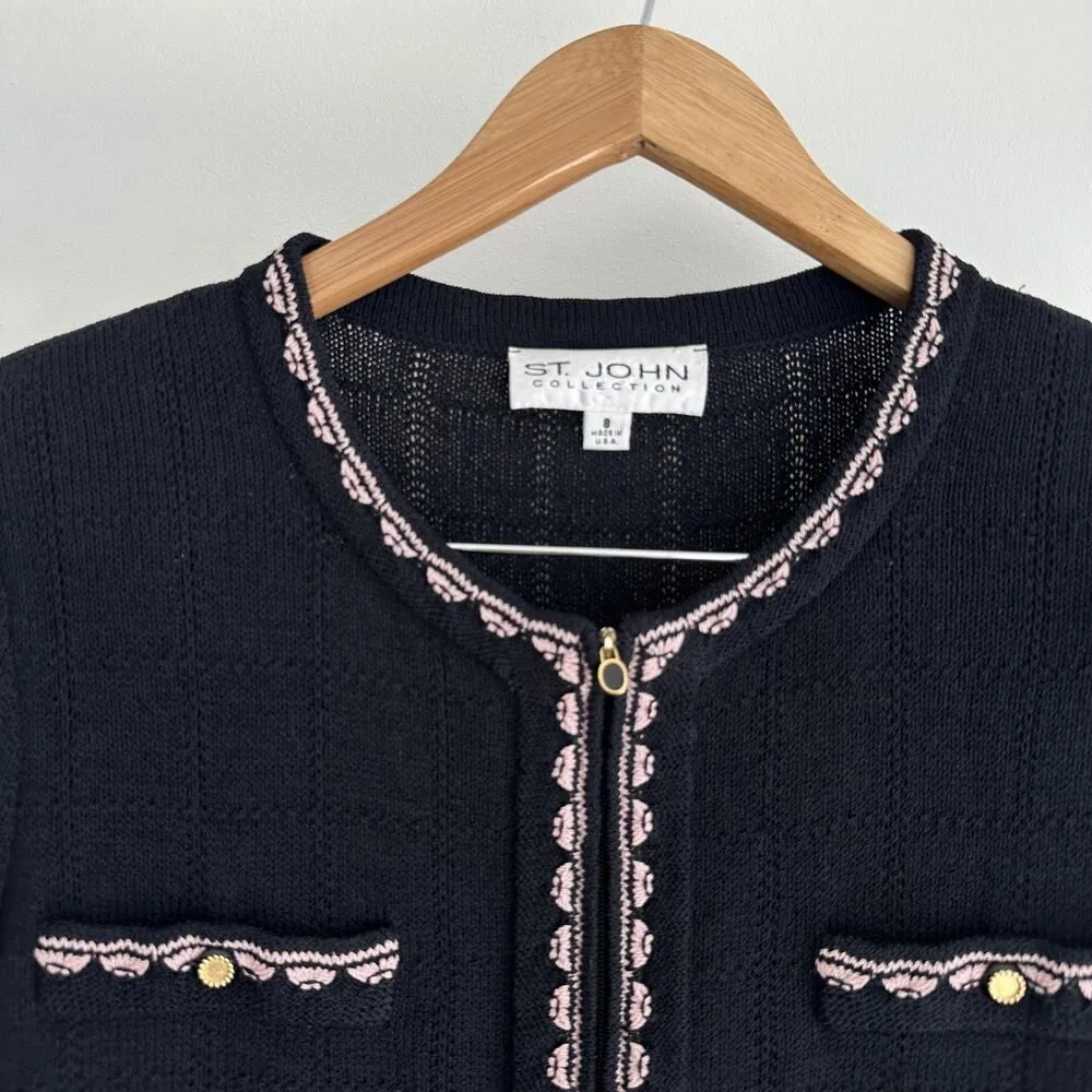 St John Collection Jacket 8 Black Pink Santana Knit Embellished Trim Elegant - Image 4