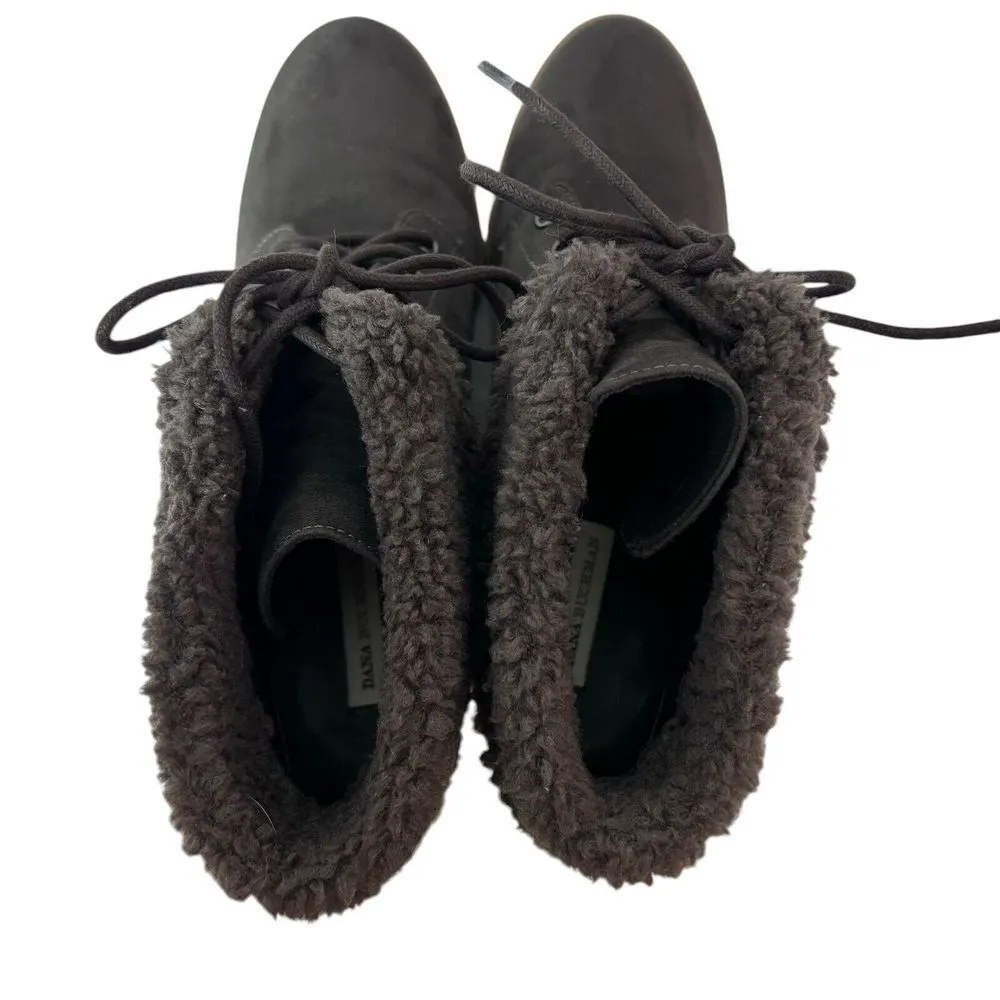 Dana Buchman Brown Lace Up Wedge Ankle Booties Fur Trim Faux Suede Helma Size 10 - Image 6