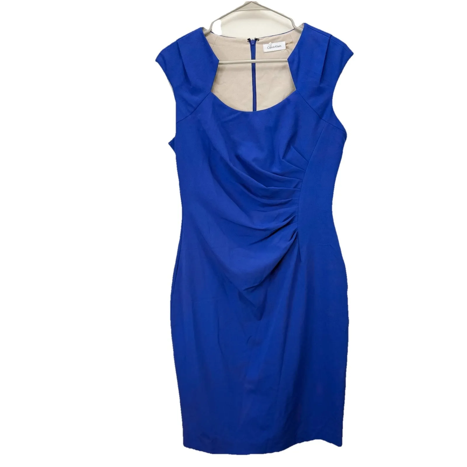 Calvin Klein Blue Side Ruched Horseshoe Neck Sleeveless Sheath Dress‎ Size 4 - Image 3