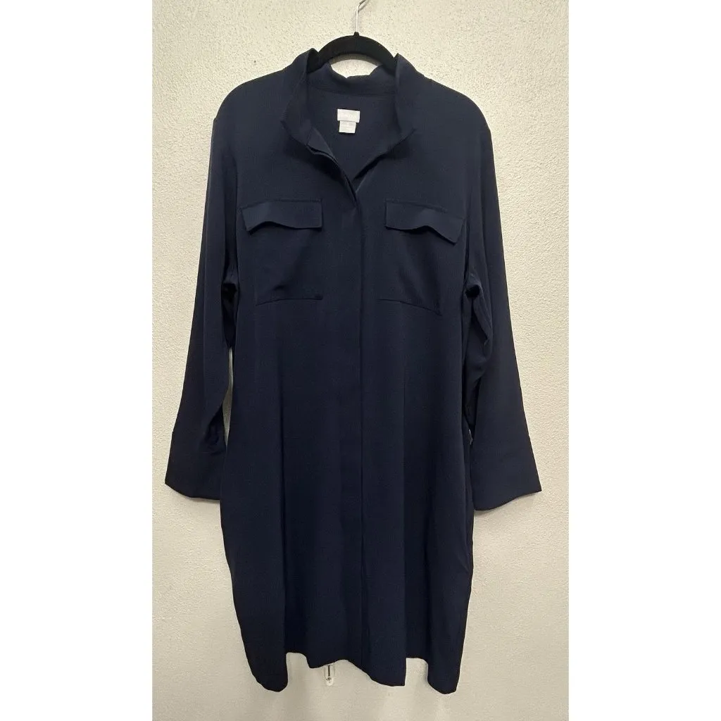 Chicos Button Up Cuff Shirt Dress Sz 2 US 12/14 L Navy Blue Long Sleeve Pockets - Image 2