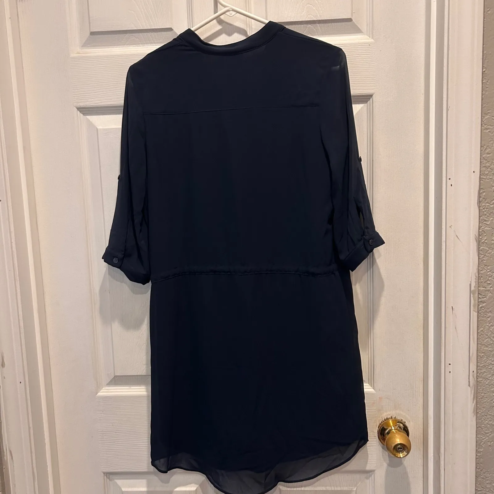 A BYER Navy Blue Sheer Sleeve Drawstring Waist Shirt Dress S Beach Lightweight - Image 8