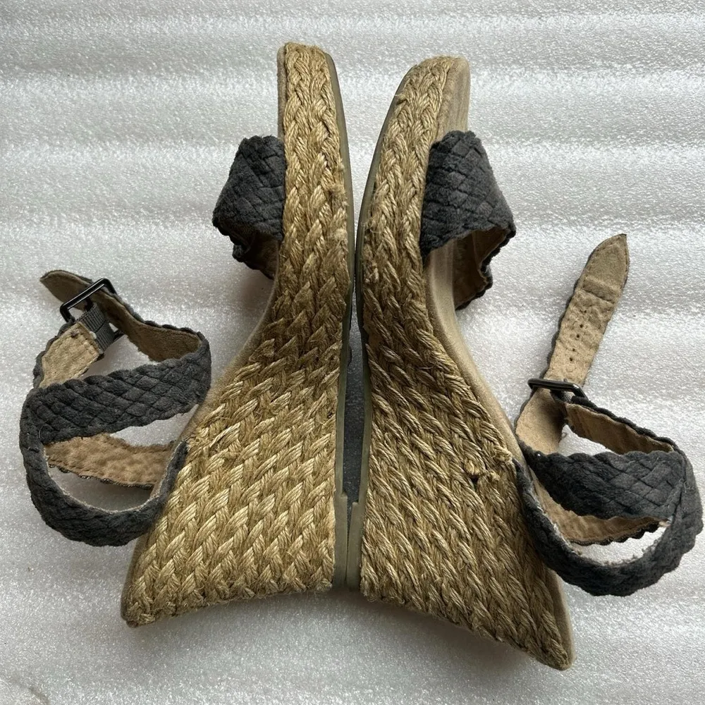Grey Leather Wedge Espadrille Sandals with woven strap and buck closure - Image 2