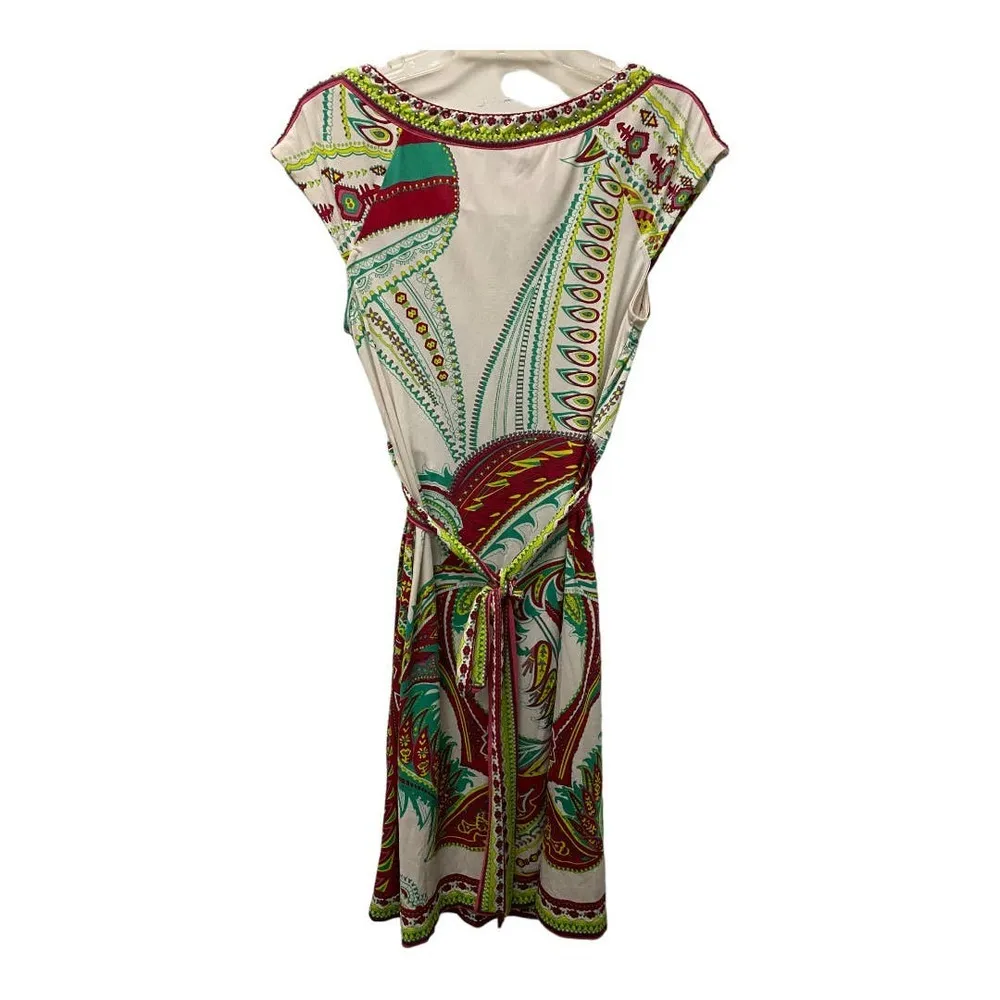 BEIGE by ECI Dress 6 Multicolored Knee Length Cap Sleeve Tie Waist Beaded Casual - Image 3