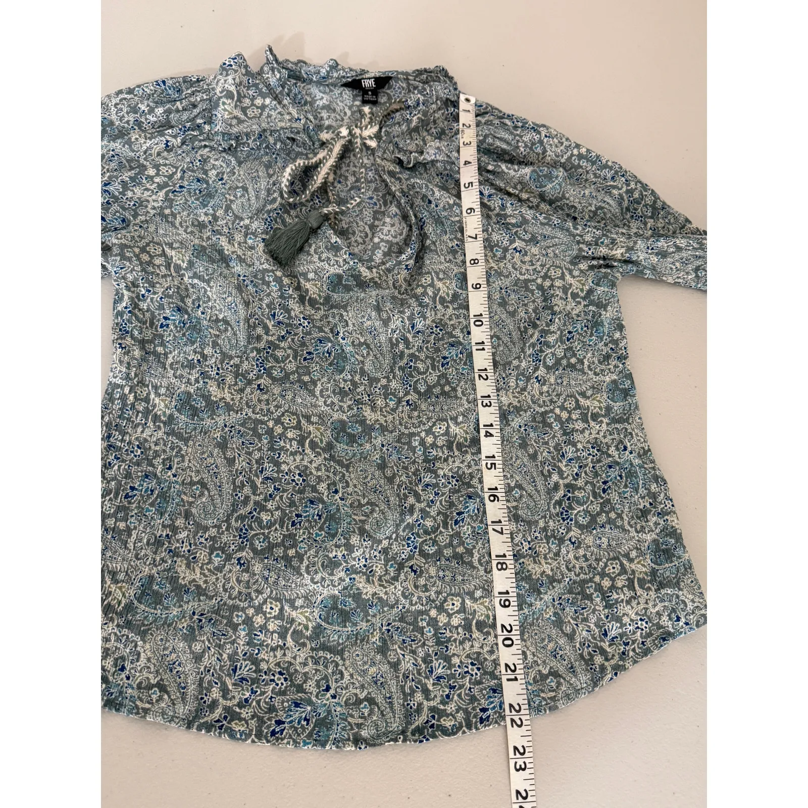 Anthropologie Frye Blue Green Boho Cara Tie Tassel Neck Paisley Shirt Top Blouse - Image 6