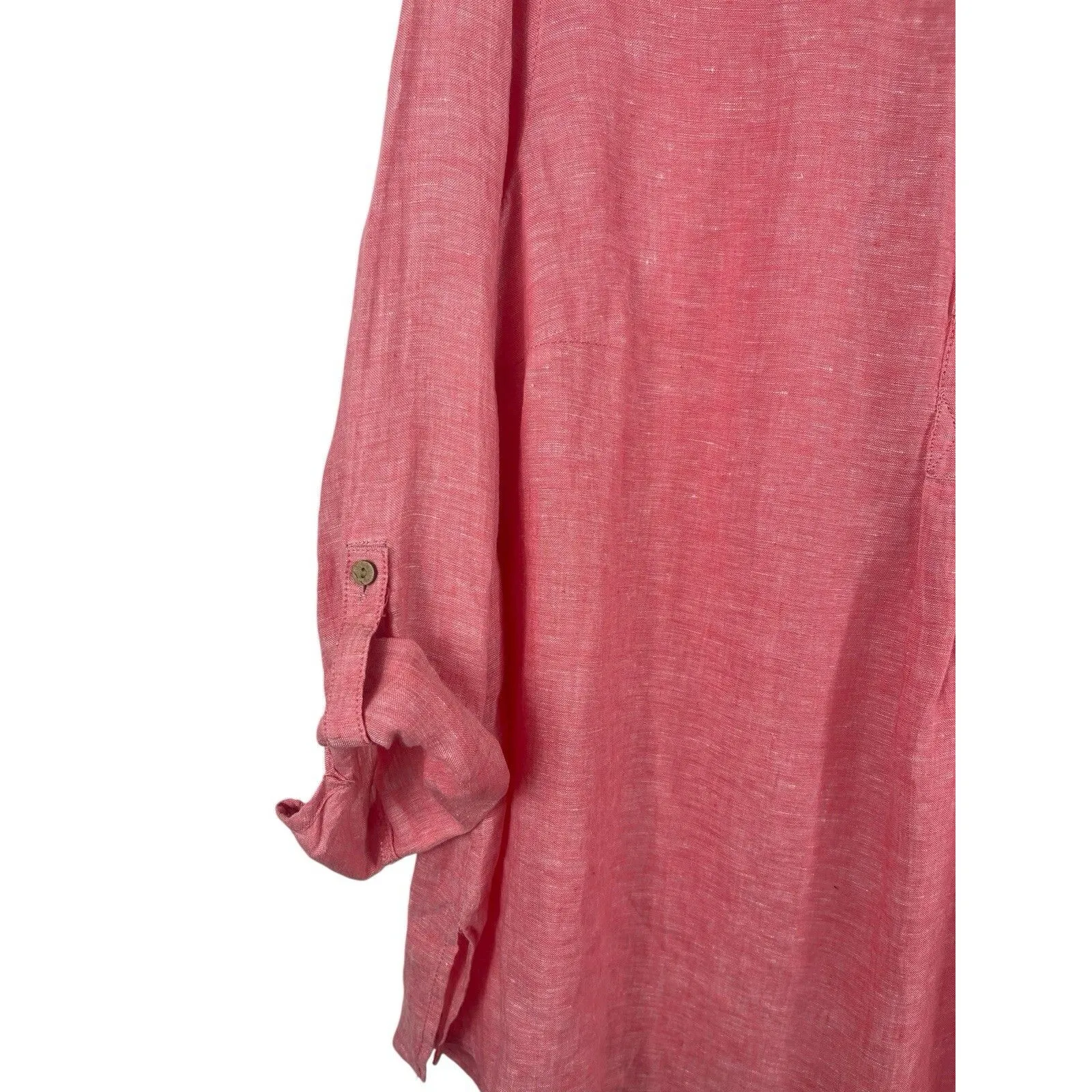 Sigrid Olsen 1X 100% Linen QTR Button Tunic Top Pink Roll Tab Sleeve Relaxed - Image 3