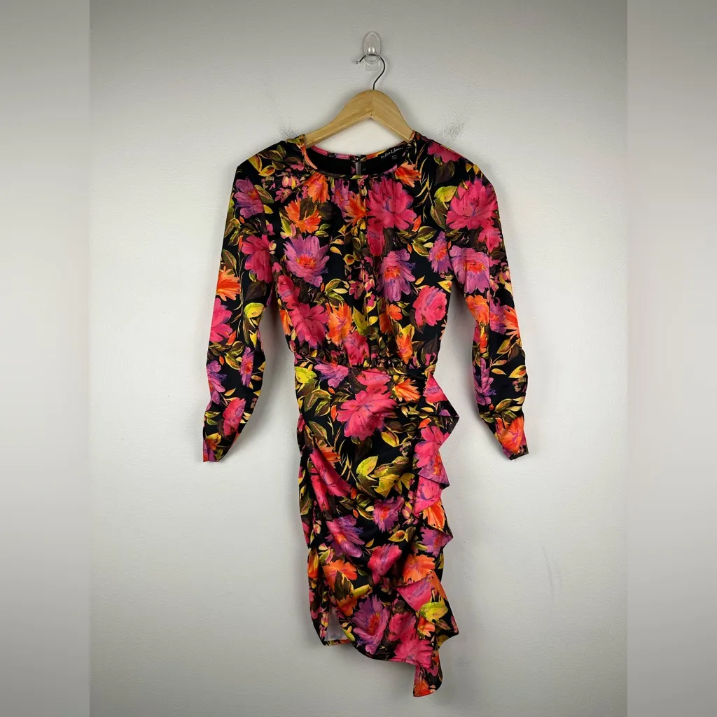 For Love and Lemons Dakota Black Floral Satin Long Sleeves Ruffle Dress Sz XXS - Image 2