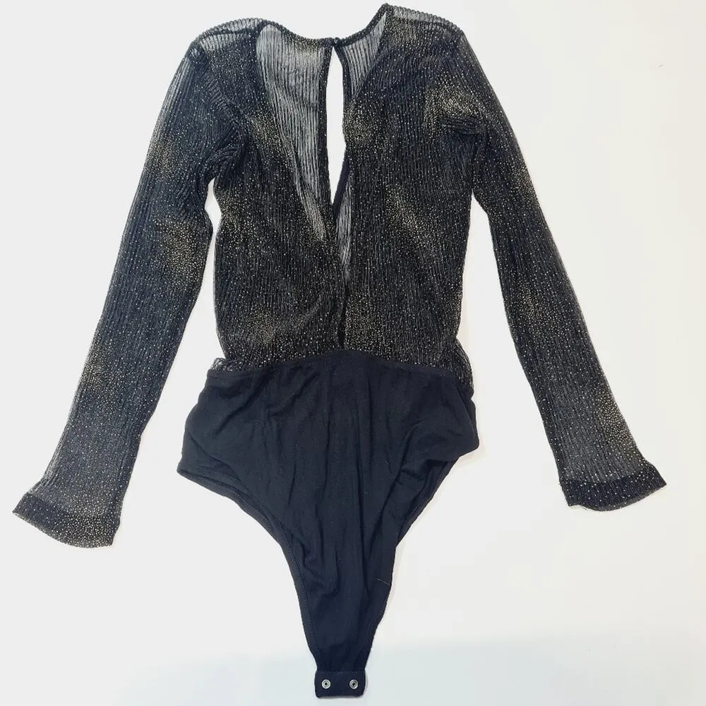 Superdown Wilhemina Metallic Bodysuit Black & Gold Small - Image 12