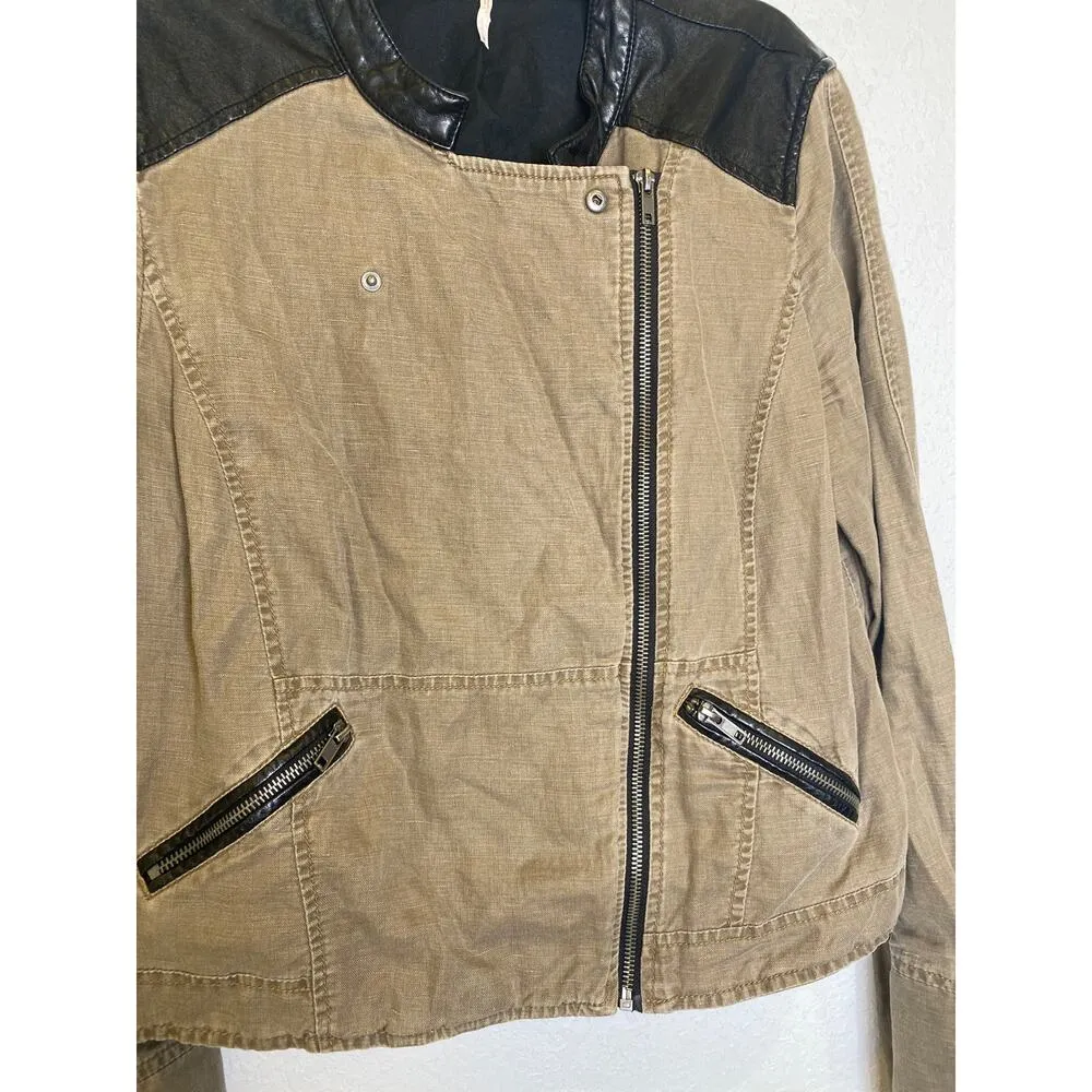 Free People Linen Faux Leather Moto Jacket Zipper Snaps Sz 12 Black Tan Women’s - Image 4