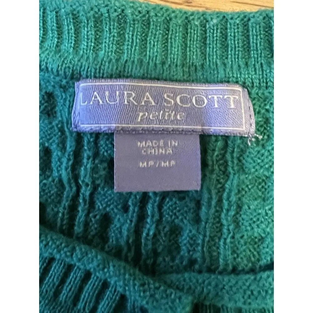 Laura Scott Sweater Women' Petite M Cable Knit Henley Green Pullover Soft Career - Image 3