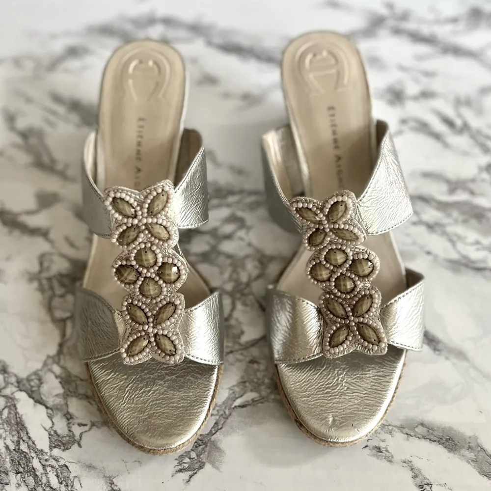 Etienne Aigner Vintage Haste Silver metallic Wedge Beaded Sandals 9 - Image 2