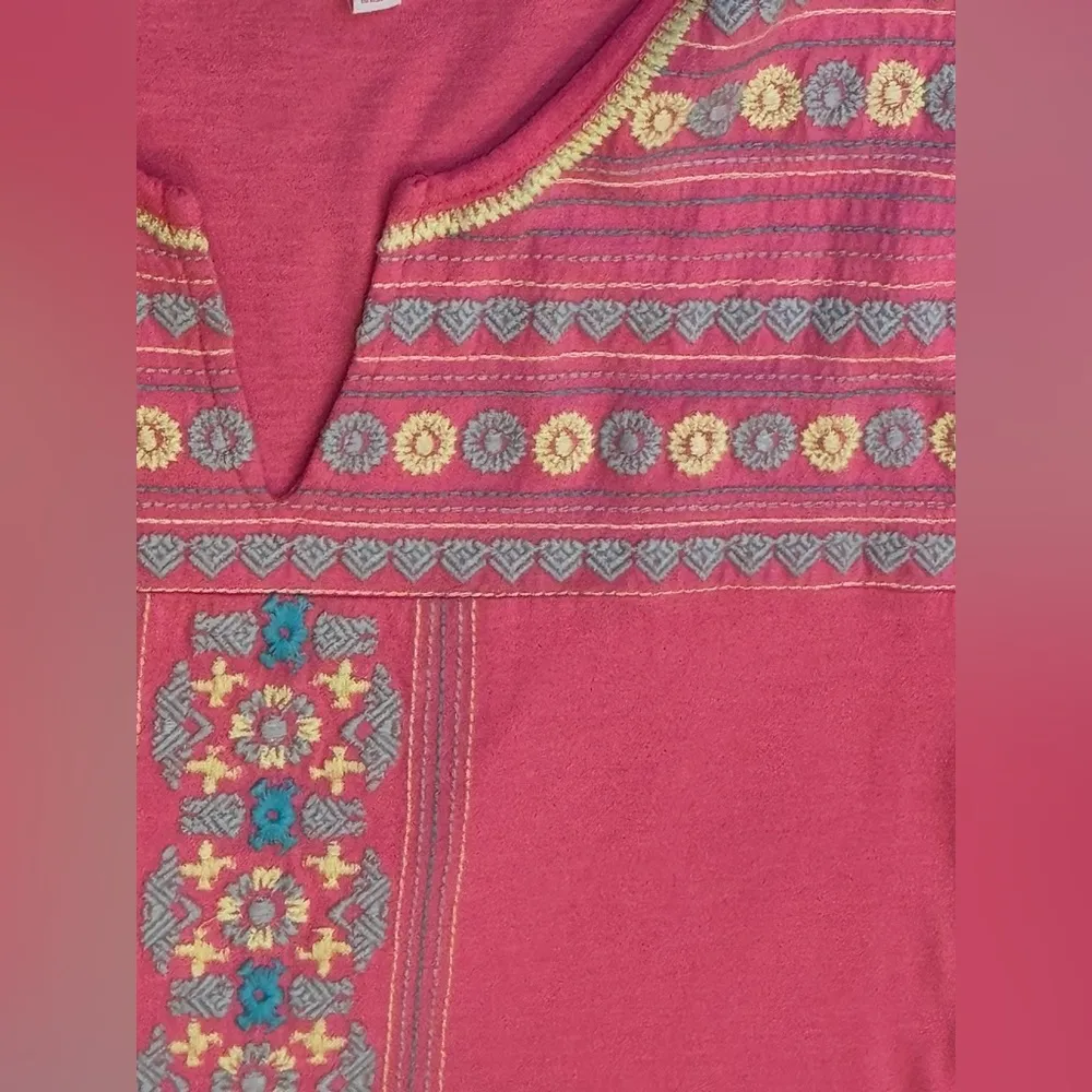 Fresh Produce Pink Embroidered Bohemian Floral Frenzy Tunic Dress L Cotton Beach - Image 3