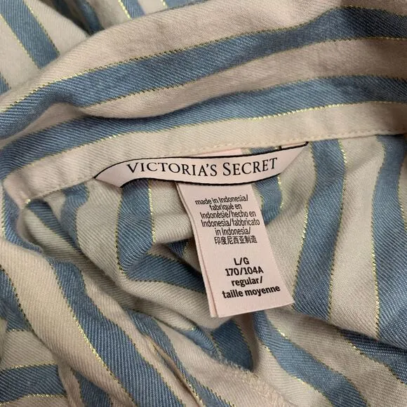 Victoria's Secret Top Womens Large Pink Blue Pajama Striped Button‎ Down Sleep - Image 5