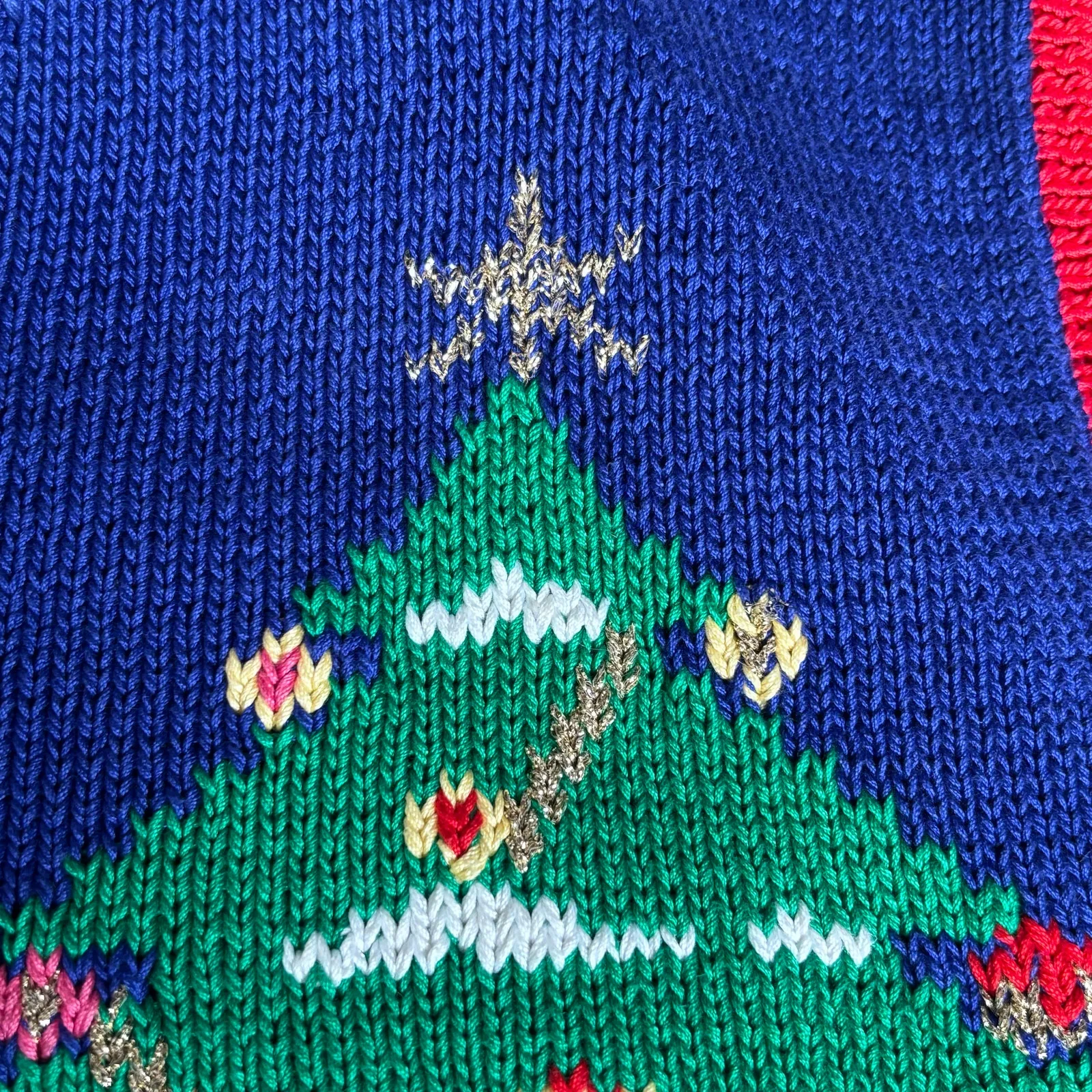 Vintage Berek 80s Hand Knit Christmas Vest Santa Tree Scene Pima Cotton Festive Blue Size L - Image 10