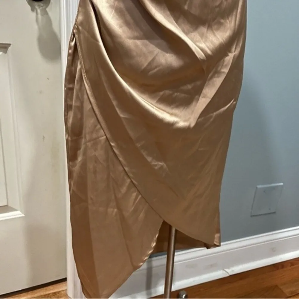 NWT Sincerely Jules Champagne Satin One Shoulder Wrap Tulip Skirt Dress Small - Image 6
