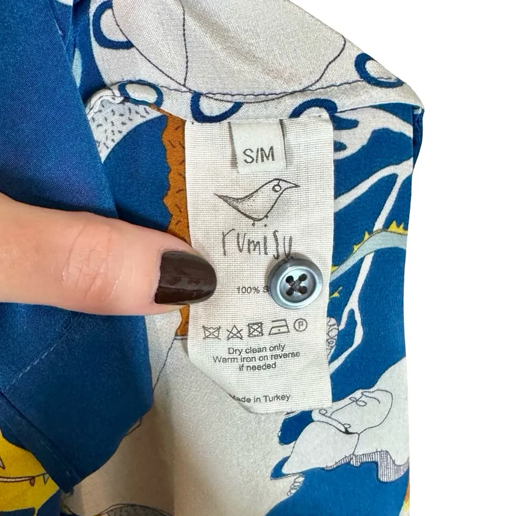 Rumisu 100% Silk Midi Shirt Dress Expedition African Collection Small/Medium Blue - Image 11