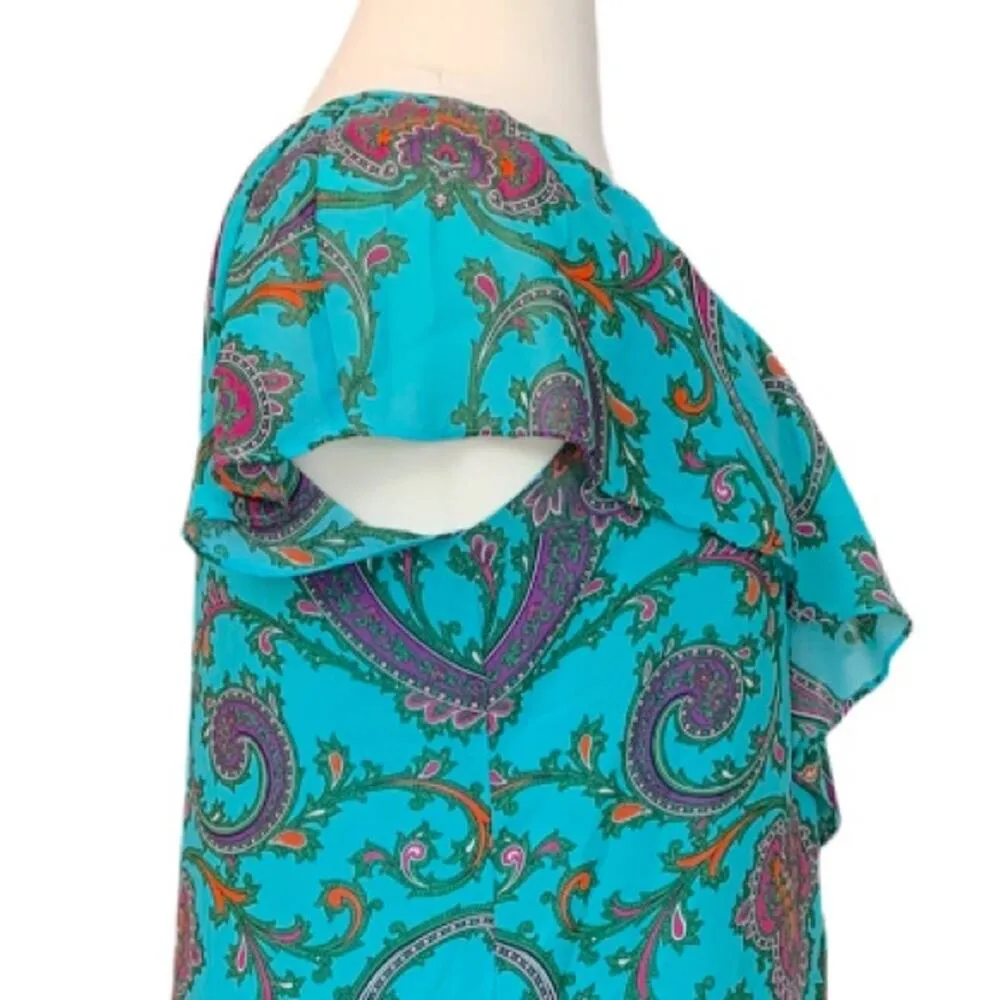 Nicole Miller Women's Dress Plus V Neck Teal Pink Paisley Shift Dress Size 14 - Image 7