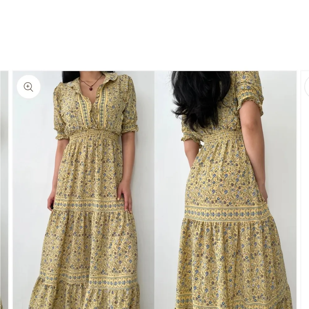 Max Studio Flowy Ruffle Collar Tiered Yellow Floral Maxi Dress  medium - Image 3