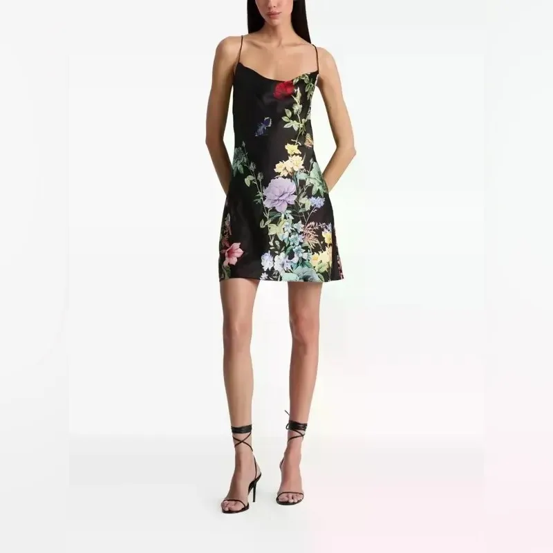 $395 ALICE + OLIVIA Harmony Mini Slip Dress - Black Size 6 flowers & butterflies - Image 2