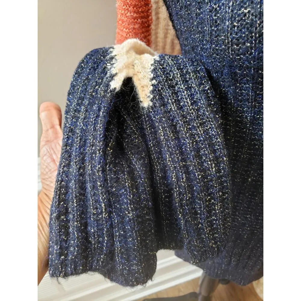 ADORA Sweater Women's SM Navy Orange Ribbed Acrylic Knit Long Sleeve Round Neck Blue - Image 13