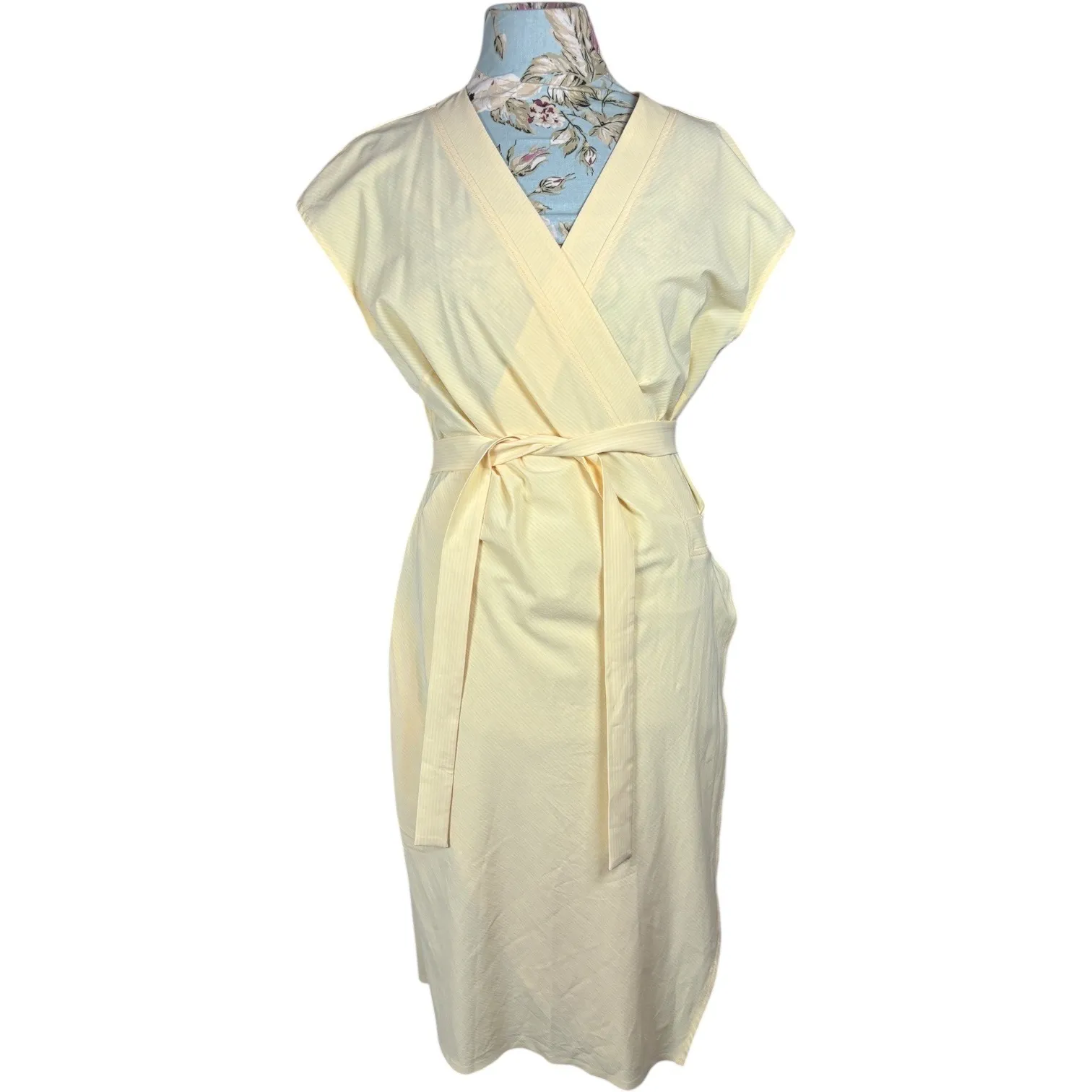 Athleta Newport Wrap Dress Yellow Pinstripe Short Sleeve Belted Midi Athletic L - Image 3