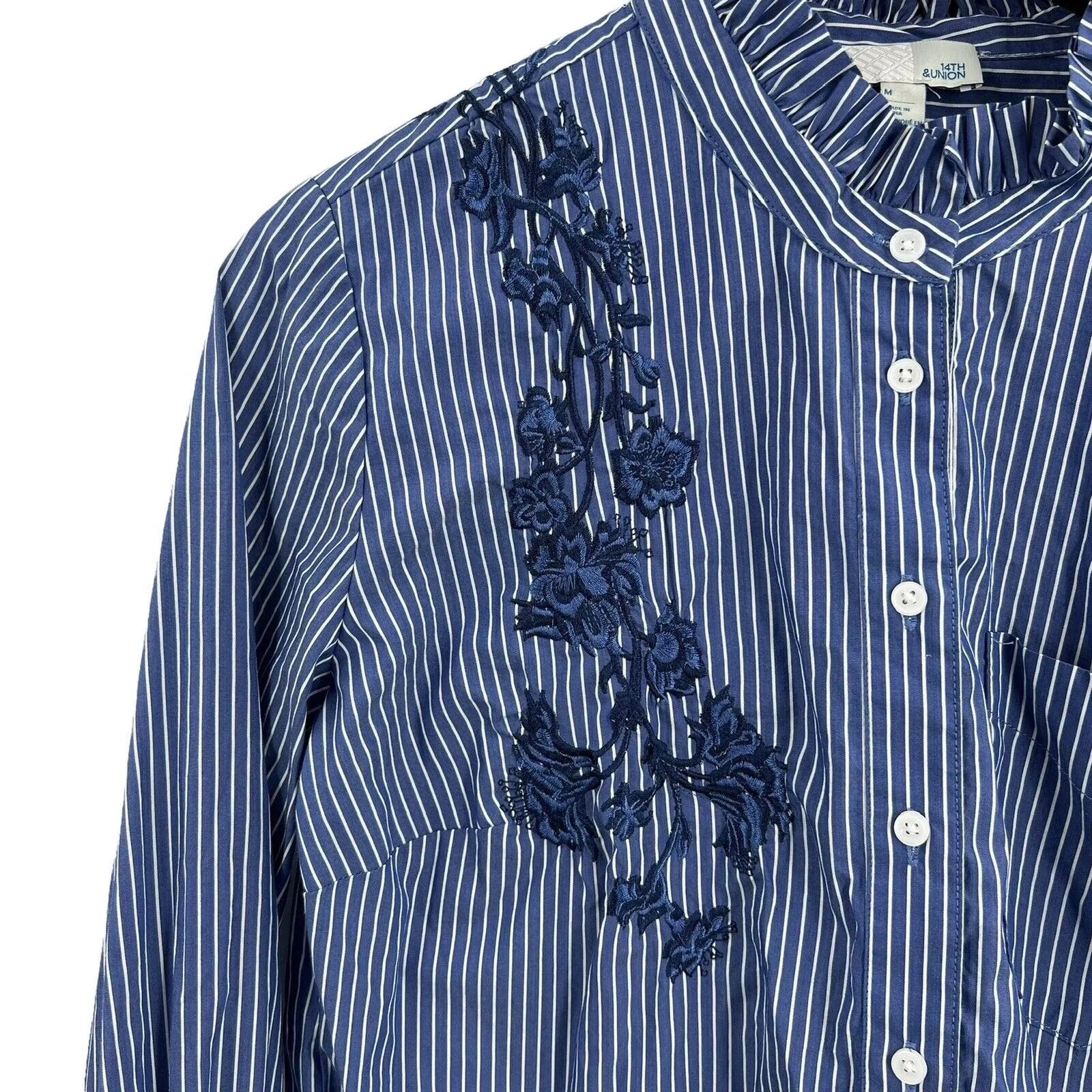 14th & Union Striped Button Front Embroidered Floral Shirt‎ Size Medium - Image 2