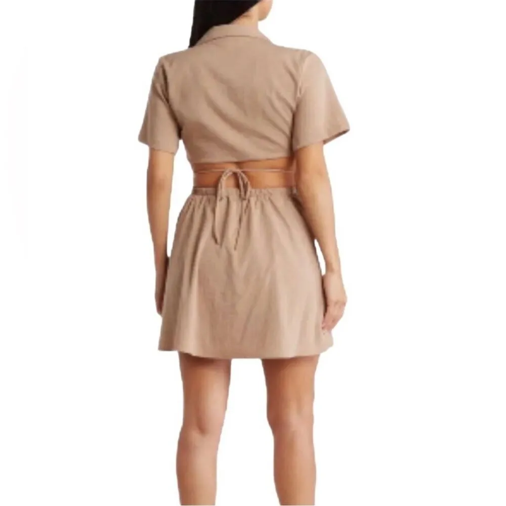 En Saison Tan Brown Beverly Shirtdress Mini Short Sleeve Cutout Dress Medium NWT - Image 2