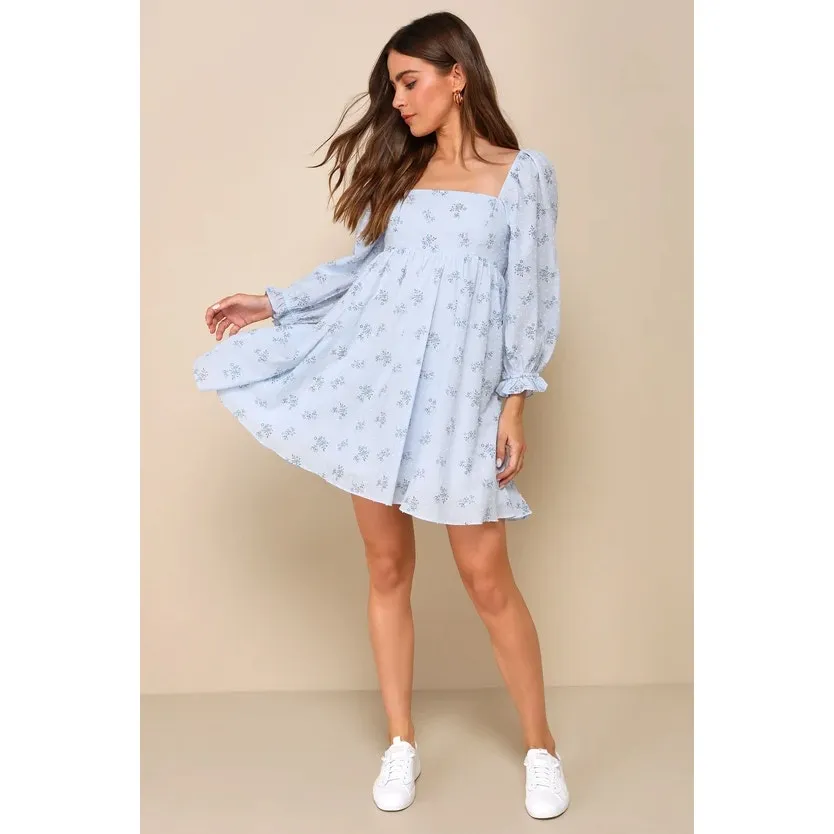 Lulus Always Charming Light Blue Floral Swiss Dot Babydoll Mini Dress Large - Image 2