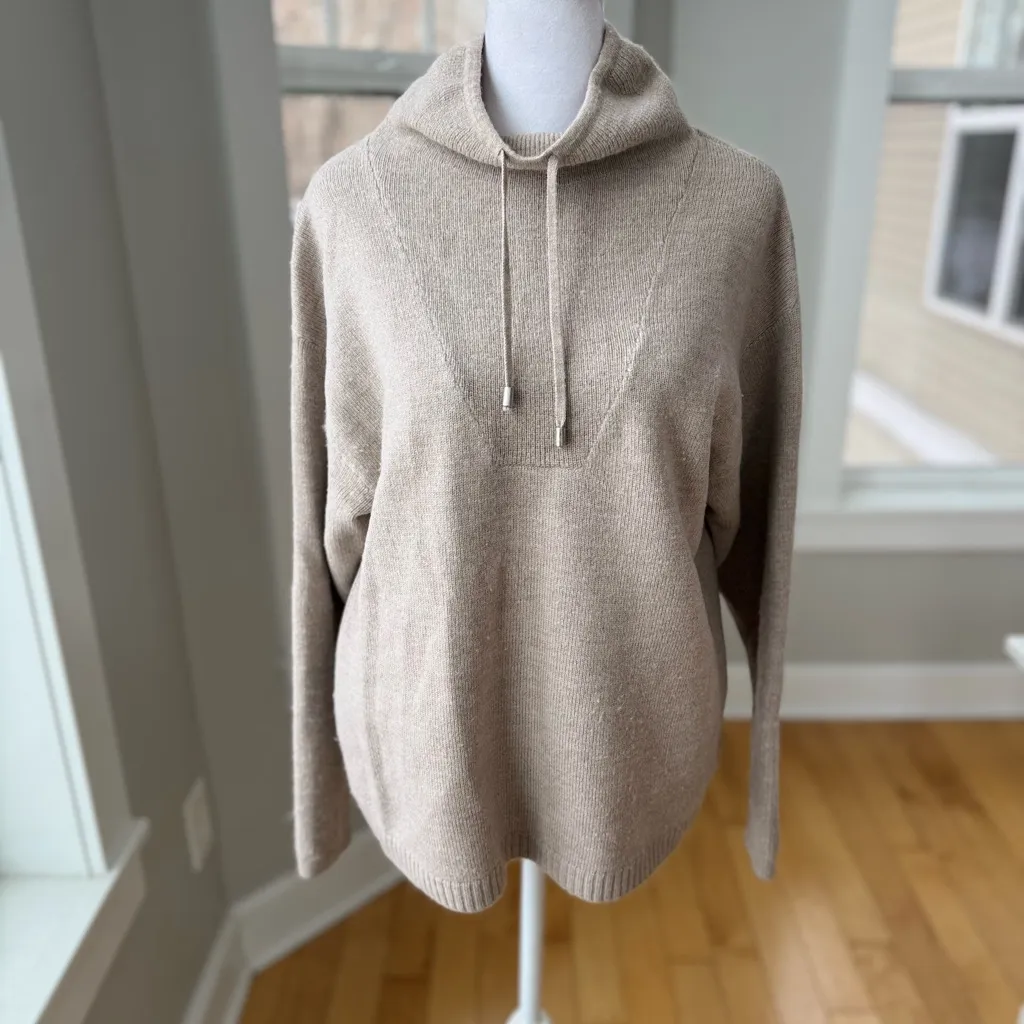 Halston Taupe Oatmeal Merino Wool Drawstring Mockneck Sweater Size Small - Image 4