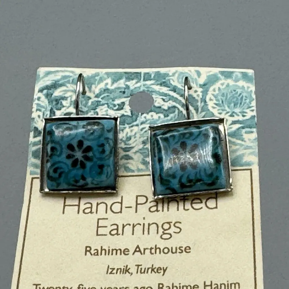 Hand Painted Earrings Rahime Arthouse Turkey Pierced Pottery Ceramics Folk Art Blue Size 0 - Image 3