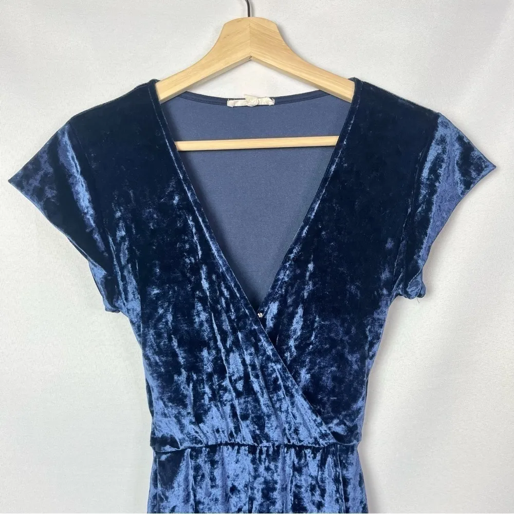 PacSun LA Hearts Dark Blue Crushed Velvet Short Sleeve Wrap Mini Dress S - Image 4