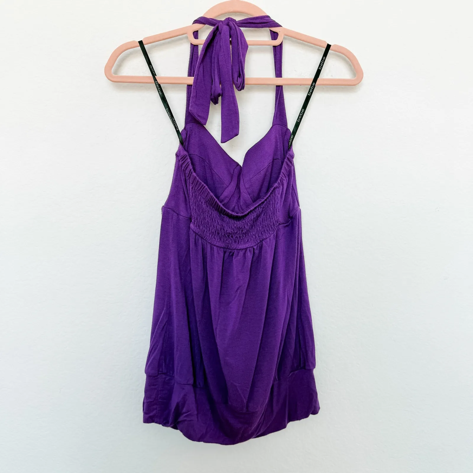 Y2K Bebe Pleated‎ Babydoll Halter Top Draped Bust Purple Size S Coquette Glam - Image 5