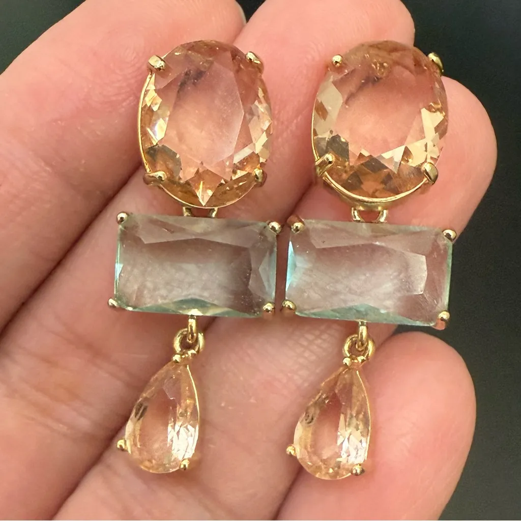 Signed 925 Gold Over Silver Vermeil Peach & Blue Glass Crystal Drop Earrings Pink - Image 9