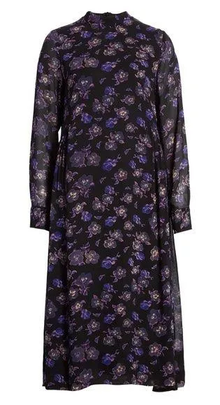 Ganni • Floral Print Georgette Midi Dress black purple flowy chiffon high neck - Image 2