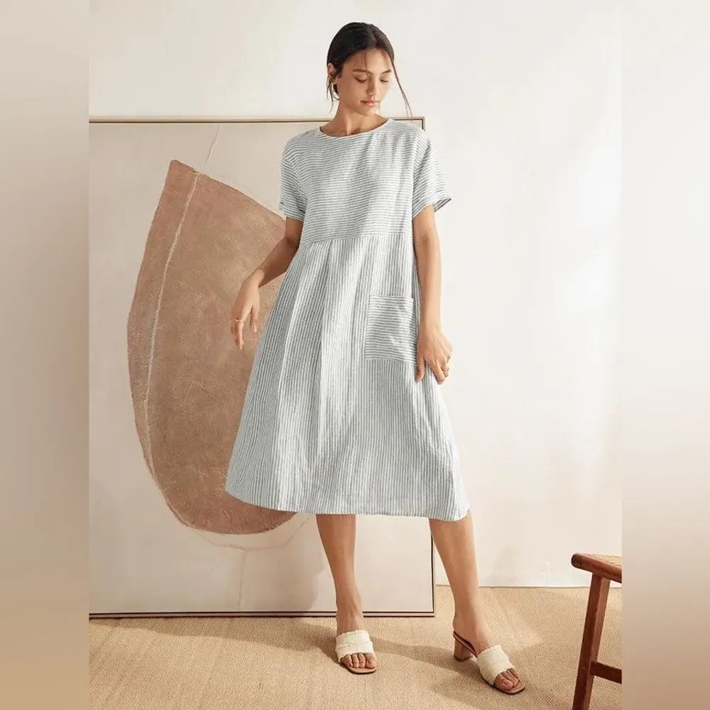 Lintico Morgan 100% Linen Striped Short Sleeve Midi Dress Boho Lagenlook Size S Blue - Image 14