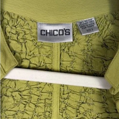 Chicos‎ Jacket Womens 2 Lime Green Ruched Textured Open Front Long Sleeve Boho - Image 3
