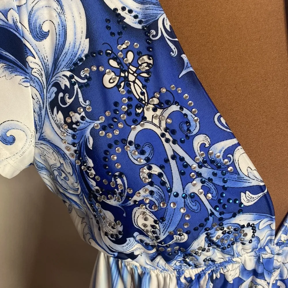 Boston Proper Sublimation tee in blue multi scroll print crystal embellished XS - Image 8