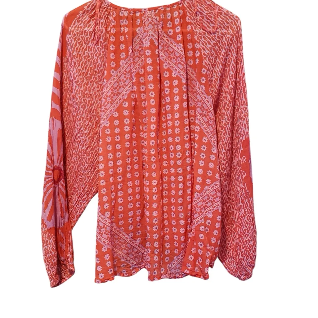 Free People Red and Pink Patterned Blouse - Image 2